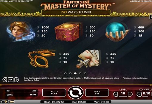 Онлайн апарат Fantasini Master of Mystery - виплати за символи Виплати за символи в онлайн слоті Fantasini Master of Mystery